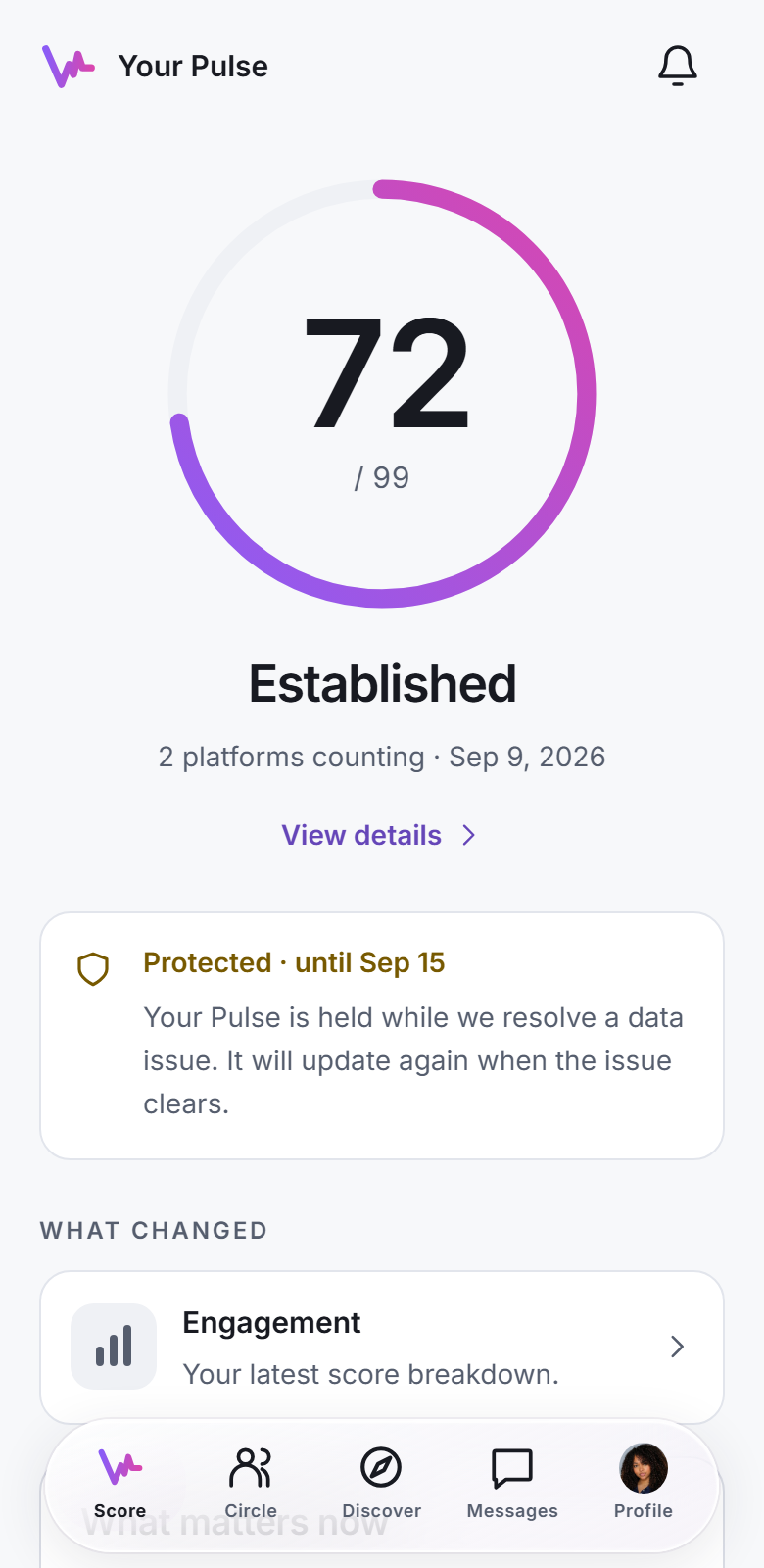 Pulse UI preview: example score of 72 out of 99, Established.